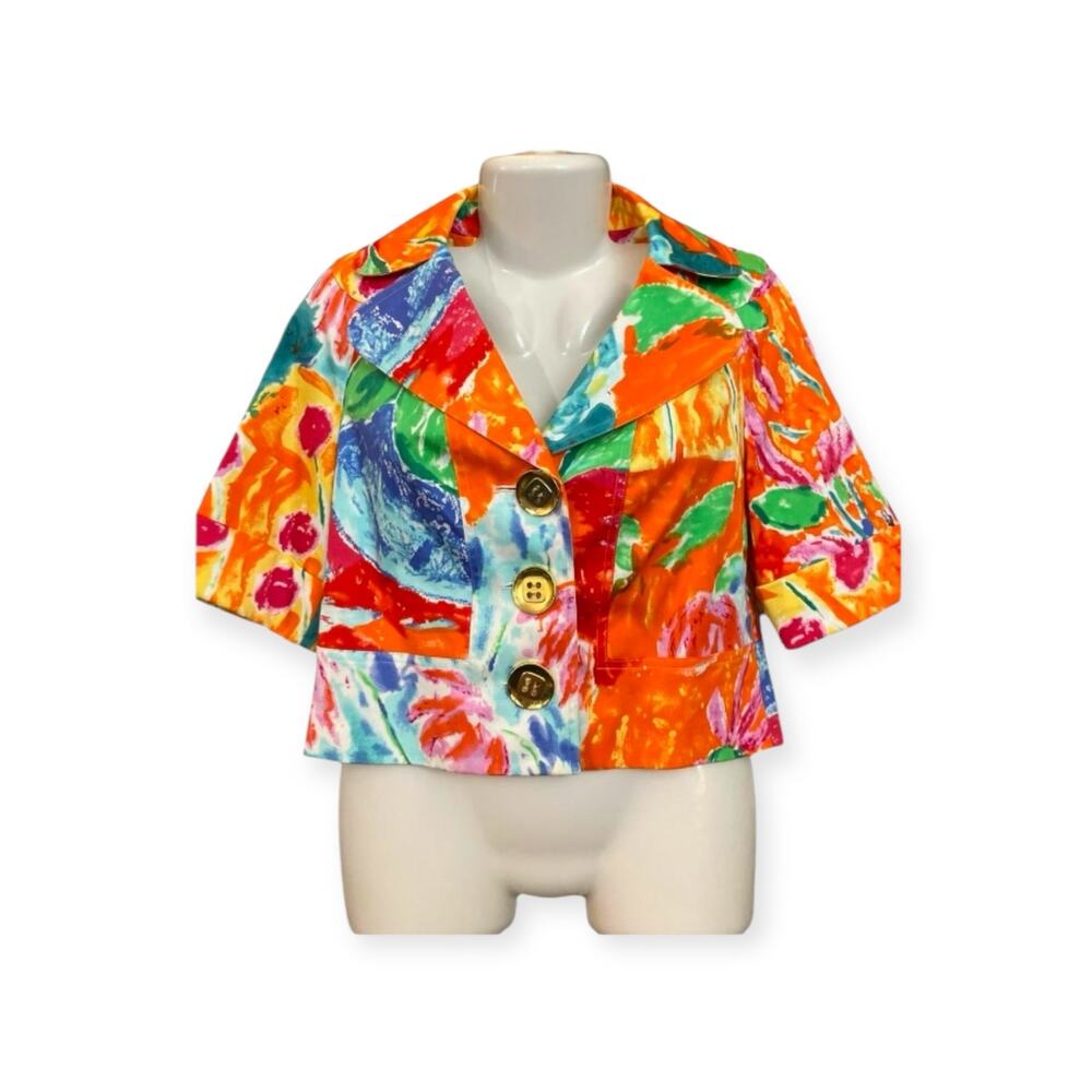 Peter Nygard Women's Colorful Button Front Lined Elbow Slv Cropped Blazer Size 6